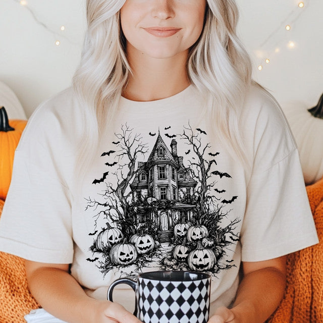 Haunted House With Pumpkins BLACK