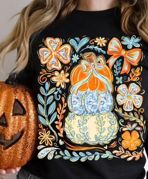 Stacked pumpkins orange blue tan florals