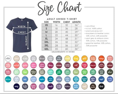 Bella Color/Size Chart